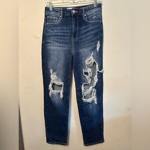 Risen Women's Izetta High Rise Distressed Straight Leg Jeans Size 5/27 Dark Wash